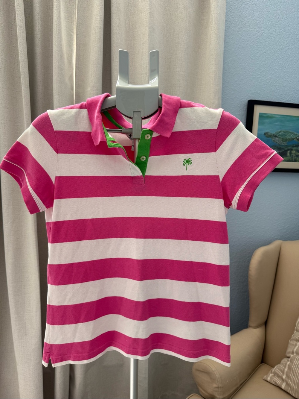 Lilly Pulitzer Pink & White Striped Fitted Polo Shirt Green Motif Size M Preppy